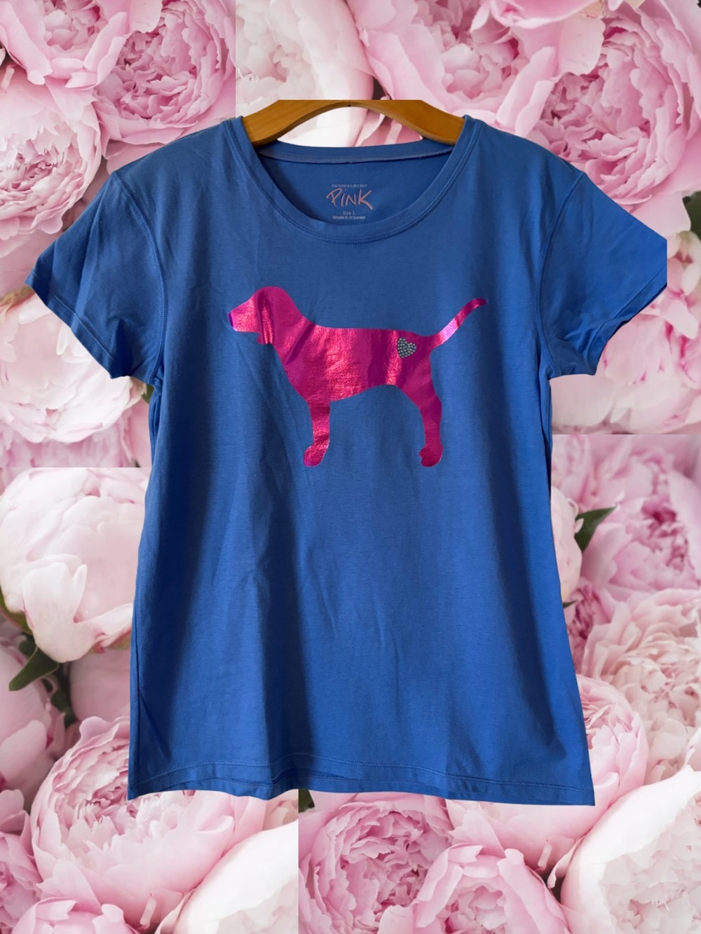 Victoria’s Secret Pink Blue Short Sleeve Shirt Dog Hot Pink Foil 100% Cotton